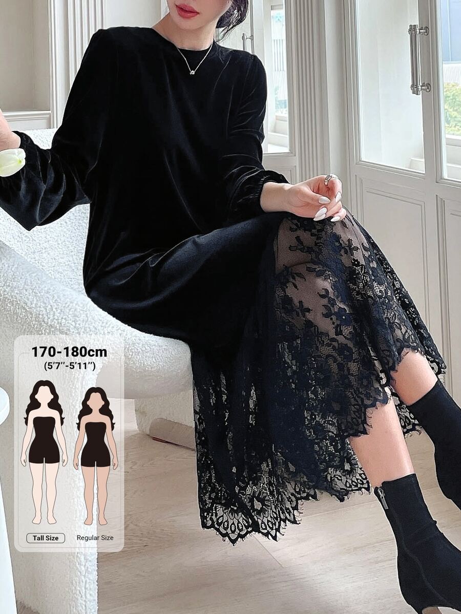 Dazy Tall Women's Round Neck Lace Patchwork Velvet Long Elegant Dress Fall - Black - View 1