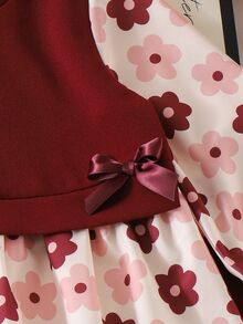 SHEIN Playful Pals 女嬰針織棕色拼接格紋長袖蝴蝶結T恤上衣與長褲2件套，春季/秋季早秋休閒日常穿搭 - 棕色 - 查看 6