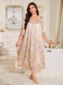 MuseNap CURVE Collar Button Lace Trim Patchwork Elegant Floral Print Faux Silk Plus Size Nightgown - Multicolor - View 5