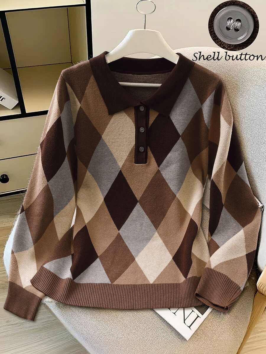 GlowEve CURVE Plus Size Women's Diamond Pattern Polo Collar Long Sleeve Casual Pullover Sweater Winter - Coffee Brown - View 1