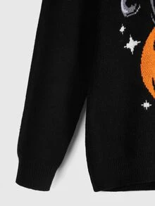 ROMWE Halloween Cute Cat Pumpkin Pattern Black Long Sweater For Women - Black - View 4