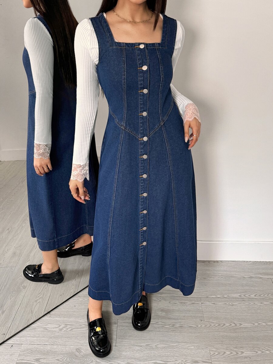 Flexra Early Autumn French Casual Sleeveless Denim Dress, 3D Stitching V-Neck Waist-Cinching Button-Front Vest Dress, Layering Outerwear Slimming Versatile Daily Travel Artistic Style Denim Dress