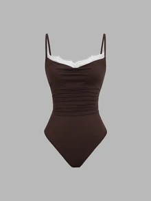 Sweetra Women's Fashion Elegant Comfortable Milk Silk & Lace Trim Bodysuit Set, Versatile & Unique, Multi-Color Combination - Multicolor - View 6