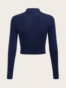 SHEIN BASICS 女款海軍藍素色修身短版小高領上衣，日常秋季休閒穿搭 - 藏蓝色 - 查看 2
