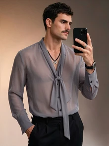 ZURIURI Men's Sheer Sexy Casual Shirt With Ribbon - Grey - View 6