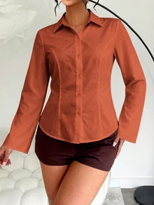 Elenzga Kemeja Wanita Ukuran Besar Warna Polos Kasual Elegan Longgar Serbaguna untuk Pakaian Sehari-hari, Kerja, Kantor, Liburan, Formal, Cokelat, Musim Semi/Gugur - Jeruk - View 3