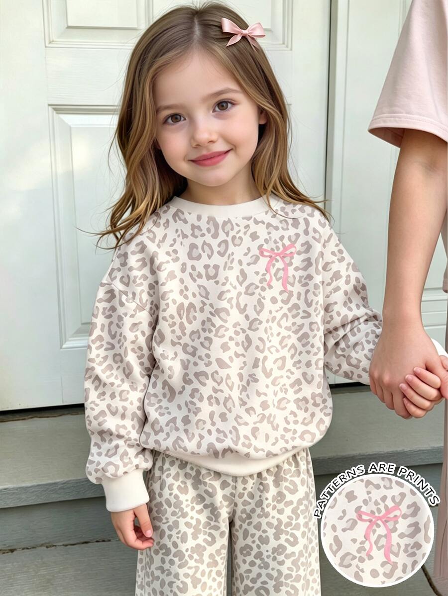 SHEIN Playful Pals 女童時尚高級白色豹紋拼色蝴蝶結圖案基本款圓領運動衫 生日/秋季/仙女公主/萬聖節 - 彩色 - 查看 1