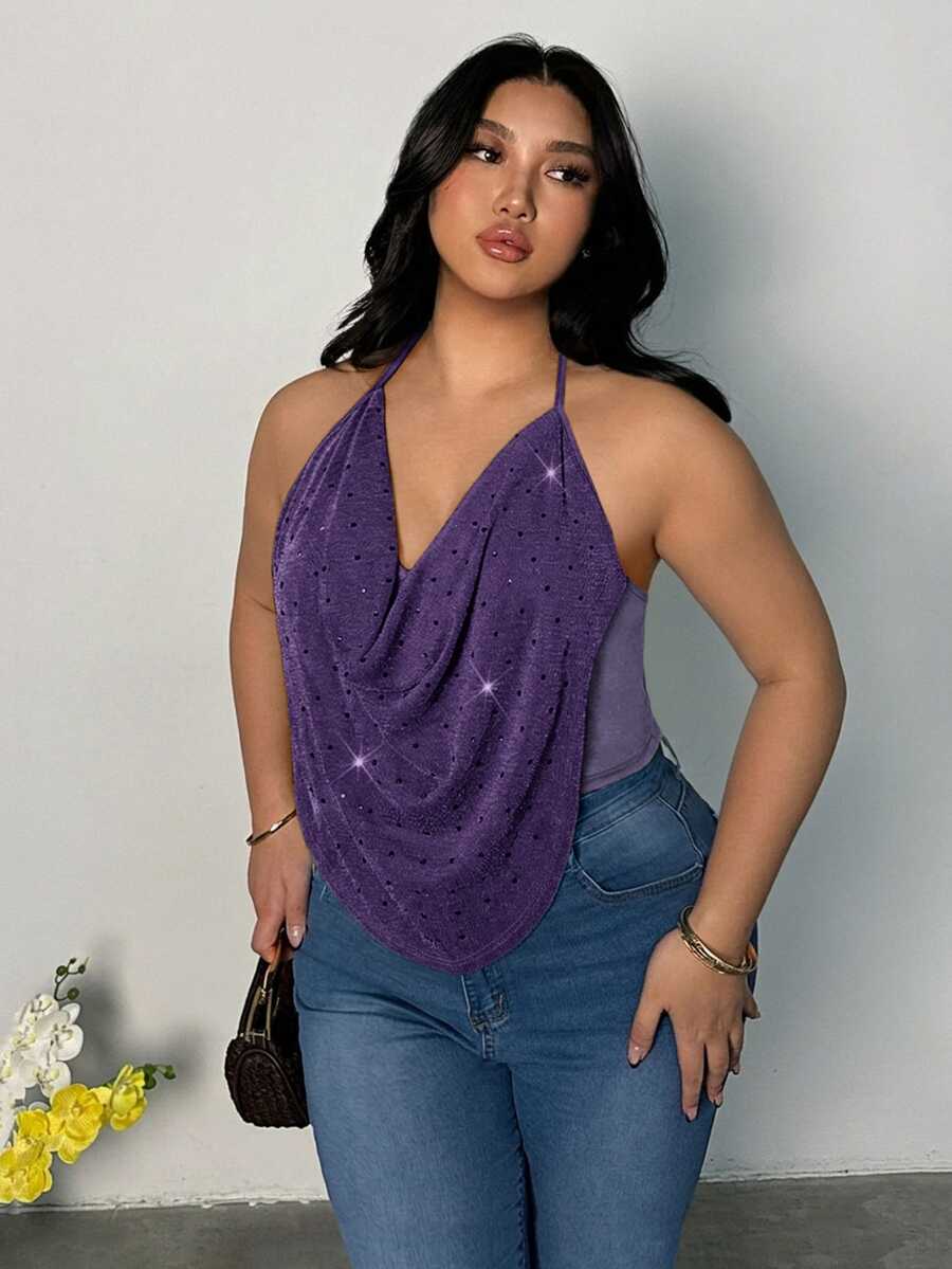 Firerie Plus Size Women's Fashionable Sexy Draped Neck Tank Top - Purple - View 1