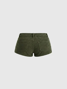 ROMWE Grunge Punk 夏季辣妹穿搭復古拿破崙鈕扣設計超低腰迷你牛仔短褲 - 軍綠色 - 查看 2