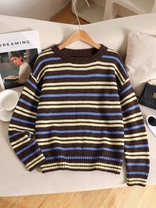 SHEIN 少女秋冬休閒居家條紋撞色領口套頭寬鬆落肩長袖針織衫 - 彩色 - 查看 5