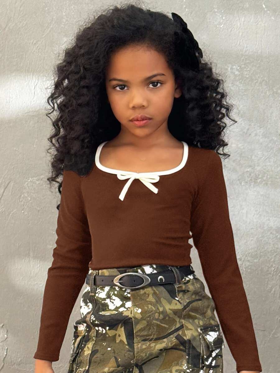 Coolane Kids Ballet Style Bow Slim Fit Ladies T-Shirt Simple Fashion Casual Daily,Fall Tween Girls' Clothes - Brown - View 1