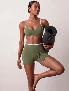 Zivah Women's Olive Green Sports Bra Shoulder Top Shorts Sportswear Set Gym Workout Activewear Outfit For Autumn Winter Workout Gym Active Modest - Multicolor - View 11
