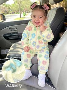 SHEIN 女嬰幼兒可愛彩色花卉毛絨衛衣與鬆緊腰長褲套裝 - 米色 - 查看 1