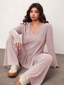 Enliva 大尺碼休閒居家服 2 件套：極簡露肩羅紋設計，適合秋冬，修飾曲線身材 - 淺粉色 - 查看 3