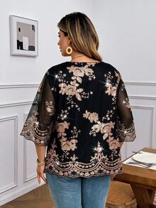 Comfylo 大尺碼女款花卉印花休閒日常穿著襯衫 - 金色 - 查看 4
