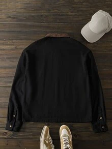HIMLAND Men's Woven Fitted Regular Shoulder Colorblock Patchwork Long Sleeve Casual Shacket, Suitable For Autumn/Winter Halloween Winter Party Autumn  - Black - View 2