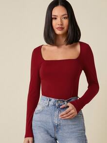 SHEIN BASICS 女款休閒純色方領修身短袖上衣 酒紅色 日常約會秋季穿搭 - 酒紅色 - 查看 1