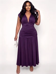 Poshavie Poshavie Plus Size Women Elegant Sexy Fashion Exquisite Long Dress Mature Modern Ruched Flowy Comfortable Suitable For Party Date Night Dark Purple - Purple - View 6