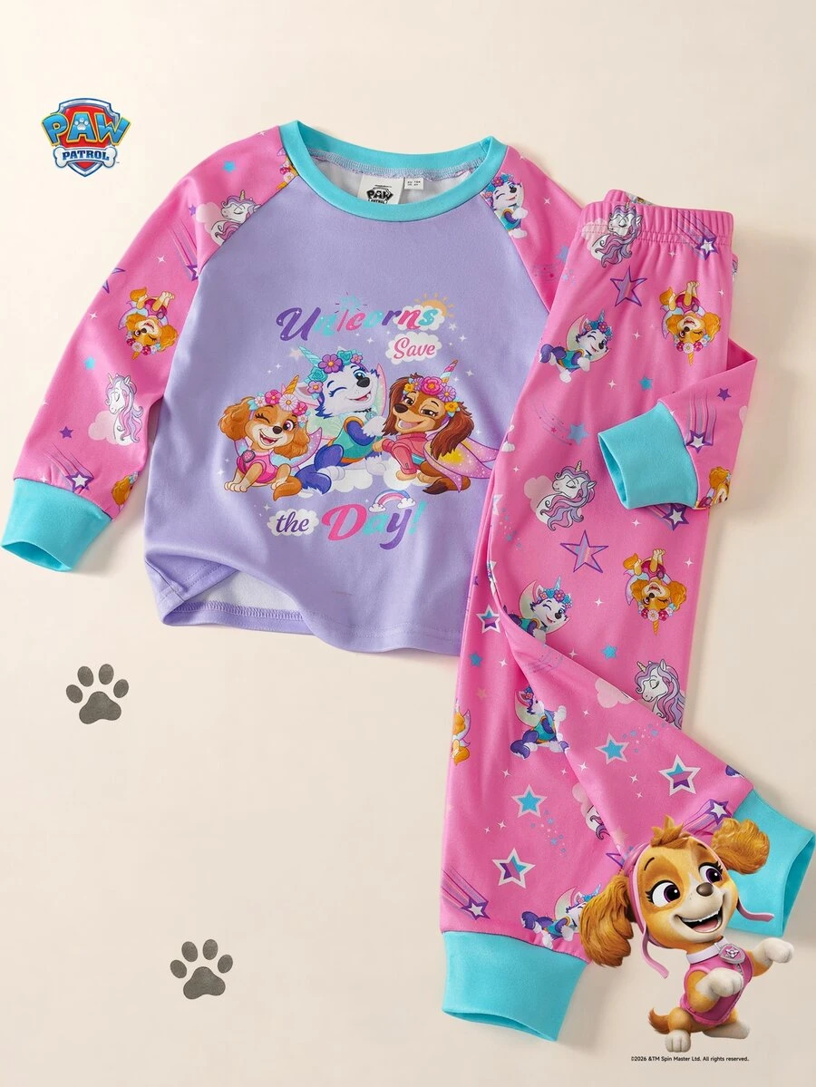 Maija Kids SHEIN | PAW Patrol Maija Kids 女童卡通印花可愛百搭長袖上衣與長褲家居服套裝 - 粉色 - 查看 1