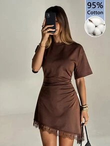 Aloruh 女款優雅休閒圓領無袖蕾絲拼接迷你洋裝，深棕色，適合早午餐與夏季 - 摩卡棕 - 查看 4