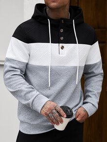 Manfinity CasualCool 男士黑白灰經典拼色連帽衛衣，四季百搭成熟休閒舒適居家穿搭連帽衫 - 彩色 - 查看 5