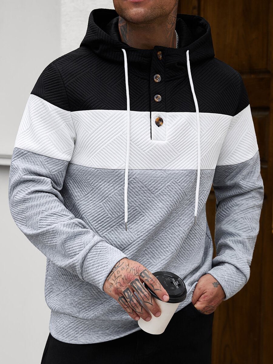 Manfinity Homme 男士黑白灰經典拼色連帽衛衣,四季百搭成熟休閒舒適居家穿搭連帽衫 - 彩色 - 查看 1