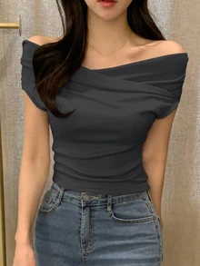DAZY 女款純色交叉領露肩短袖春夏季T恤 - 灰色 - 查看 1