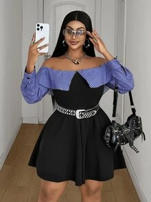 Maweii Spring Autumn Winter Plaid Patchwork Knit Fabric Waist-Cinched A-Line Ruffle Hem Elegant Sexy Black Plus Size Women's Knee-Length Dress Night Fall - Black - View 6