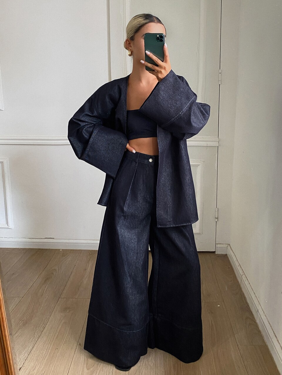 Women's Long Sleeve Waist Knot Shirt And Wide Leg Pants Casual Denim Set