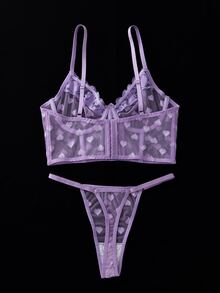 SHEIN 愛心網紗愛心蕾絲鋼圈內衣與丁字褲內衣兩件套 - 紫色 - 查看 2