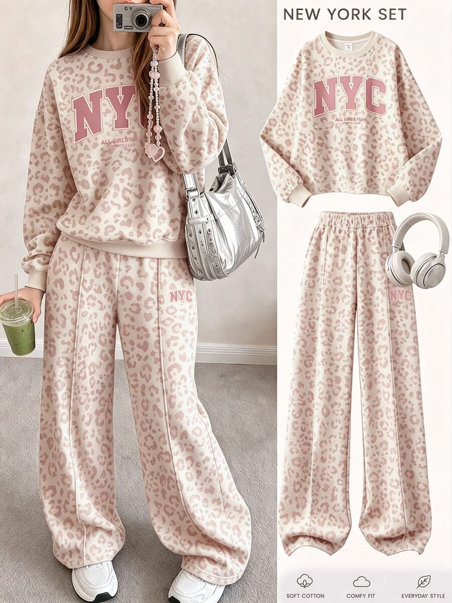 SHEIN 粉色時尚運動風拼色 NYC 字母印花,青少年女孩休閒柔軟舒適寬鬆圓領套頭衛衣與寬腿褲套裝,適合秋冬日常、街頭、新風格、時髦女孩、校園時尚返校 - 白色 - 查看 1