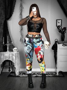 Whyspr Harley Quinn X SHEIN Plus Size Women's All-Over Print Casual Daily Tight Leggings - Multicolor - View 6