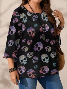 SHEIN VCAY 大尺碼女款秋冬休閒全印花圓領寬鬆七分袖上衣 - 彩色 - 查看 4