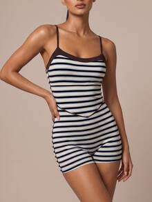 SHEIN BAE Women Black White Stripe Spaghetti Strap Athletic Romper Gym Workout Training Running Yoga Sports Romper - Baby Blue - View 4