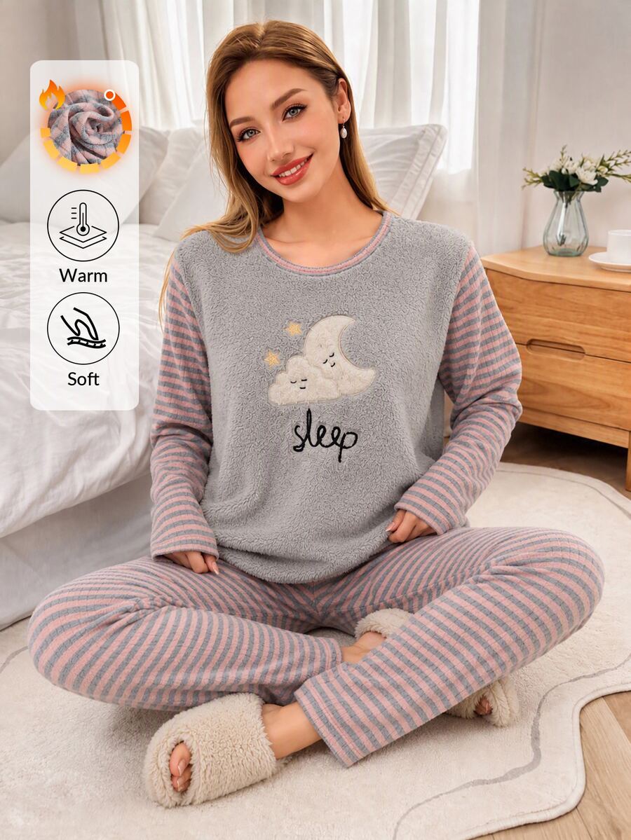 SHEIN Women 2pcs Striped Rib Knit&Fuzzy With Cute Graphic Embroidery Detailed Round Neck Long Sleeved & Long Pants Homewear Comfort Pajama Set