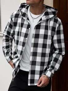 Manfinity CasualCool Men's Plaid Long Sleeve Single-Breasted Casual Drawstring Hooded Shirt - Multicolor - View 3