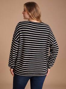 SHEIN BASICS Plus Size Casual Striped Sweatshirt, Autumn/Winter - Black and White - View 5