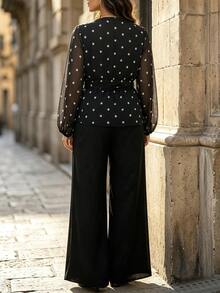 GlowEve CURVE Plus Size Women's Polka Dot Lantern Sleeve Top And Wide Leg Pants Casual 2 Pieces Set - Black - View 2
