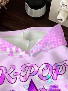 SHEIN 青少年女孩休閒可愛卡通女團印花 K-Pop 超級巨星款 厚實柔軟舒適連帽衛衣，適合秋冬穿著 - 彩色 - 查看 3