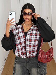Maweii Plus Size Women's Casual Streetwear Western Loose Hooded Fall Sporty Plaid Patchwork Slouchy Vintage Sweatshirt Jacket Going Out Homewear Office White - Multicolor - View 3