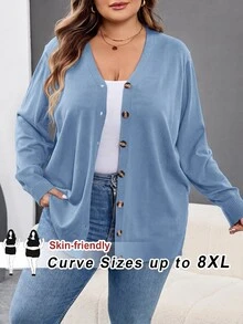 SHEIN CURVE+ 大尺碼女款純色休閒百搭日常開襟衫 - 淺藍色 - 查看 3