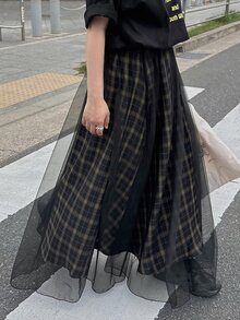 Dazy Tall Women's Plaid Mesh Patchwork Long Street Casual Skirt - Black - View 5