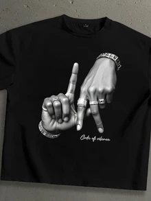 Lonveris Los Angeles LA 字母手勢 Logo 時尚街頭風男士黑色落肩寬鬆短袖 T 恤 - 黑色 - 查看 2