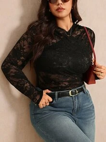 Elaquor Plus Size Sheer Lace Sexy Bodysuit - Black - View 4