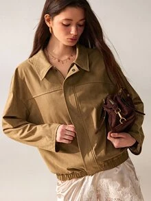 Willow Rêve Women's Camel Loose Suede Jacket, Zip Front, Collared Neck, Elastic Hem, Solid Color, Vintage Western Boho Casual Autumn Travel, Elegant Everyday - Khaki - View 5