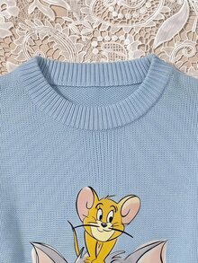 TOM & JERRY X SHEIN SHEIN EZwear 女款卡通圖案藍色寬鬆舒適休閒簡約百搭毛衣，適合外出、街頭穿搭、機場造型 - 藍色 - 查看 4