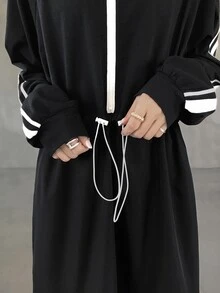 FRIFUL Women's Side Stripe Zipper Placket Drawstring Waist Casual Long Dress Fall - Black - View 7