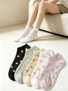 SHEIN 5 Pairs Macaron Colorful Heart Hollow Mesh Pure Cotton Low Cut Socks - Multicolor - View 2