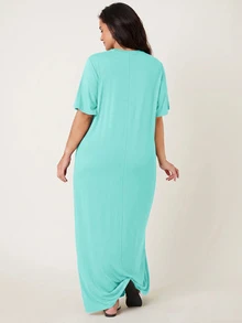 SHEIN BASICS 大尺碼純色女款T恤洋裝 夏季女裝 優雅寬鬆休閒度假海灘正式洋裝 藍綠色 - 薄荷綠 - 查看 2