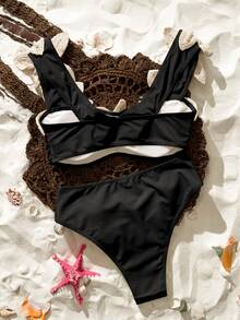 Bonvoyette Spring/Summer Girls Fashion Hot-Selling Viral Vacation Sexy Starfish & Pearl Decor Random Placement Two-Piece Bikini Set - Black - View 2